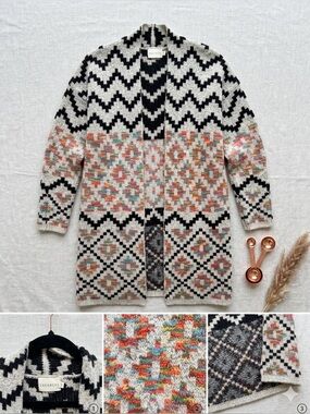 Dreamers Long Open-Front Geometric Cardigan in Cream, Black, Multicolor